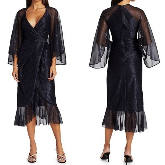 New Talbot Runhof Concavo1 Sprinkled Metallic Voile Wide Sleeve Midi Dress 6 US - Picture 9 of 17